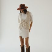 Handknit Cotton Lacy Slipover Vest: Tassel Tie Sleeveless Top